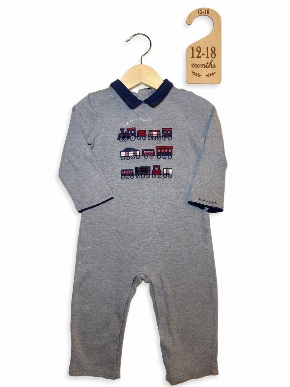 Janie and Jack Gray Train Applique Cotton Layette Romper 12-18M